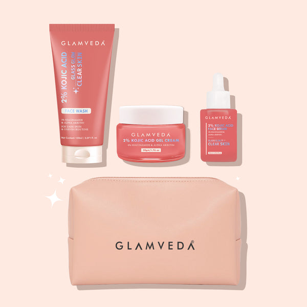 2% Kojic Acid 3 Step Skincare Routine With Pouch– Face wash, Serum & Cream for Dark Spot Reduction