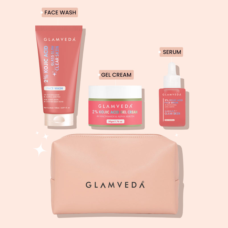 2% Kojic Acid 3 Step Skincare Routine With Pouch– Face wash, Serum & Cream for Dark Spot Reduction