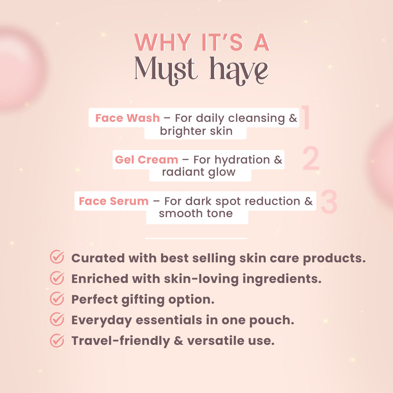 2% Kojic Acid 3 Step Skincare Routine With Pouch– Face wash, Serum & Cream for Dark Spot Reduction