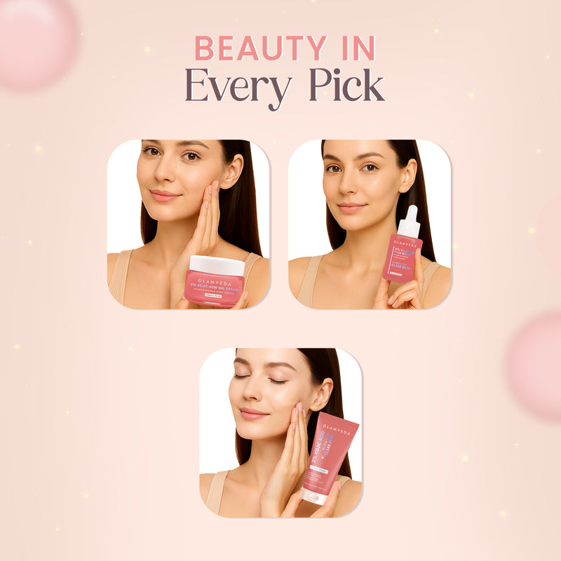 2% Kojic Acid 3 Step Skincare Routine With Pouch– Face wash, Serum & Cream for Dark Spot Reduction