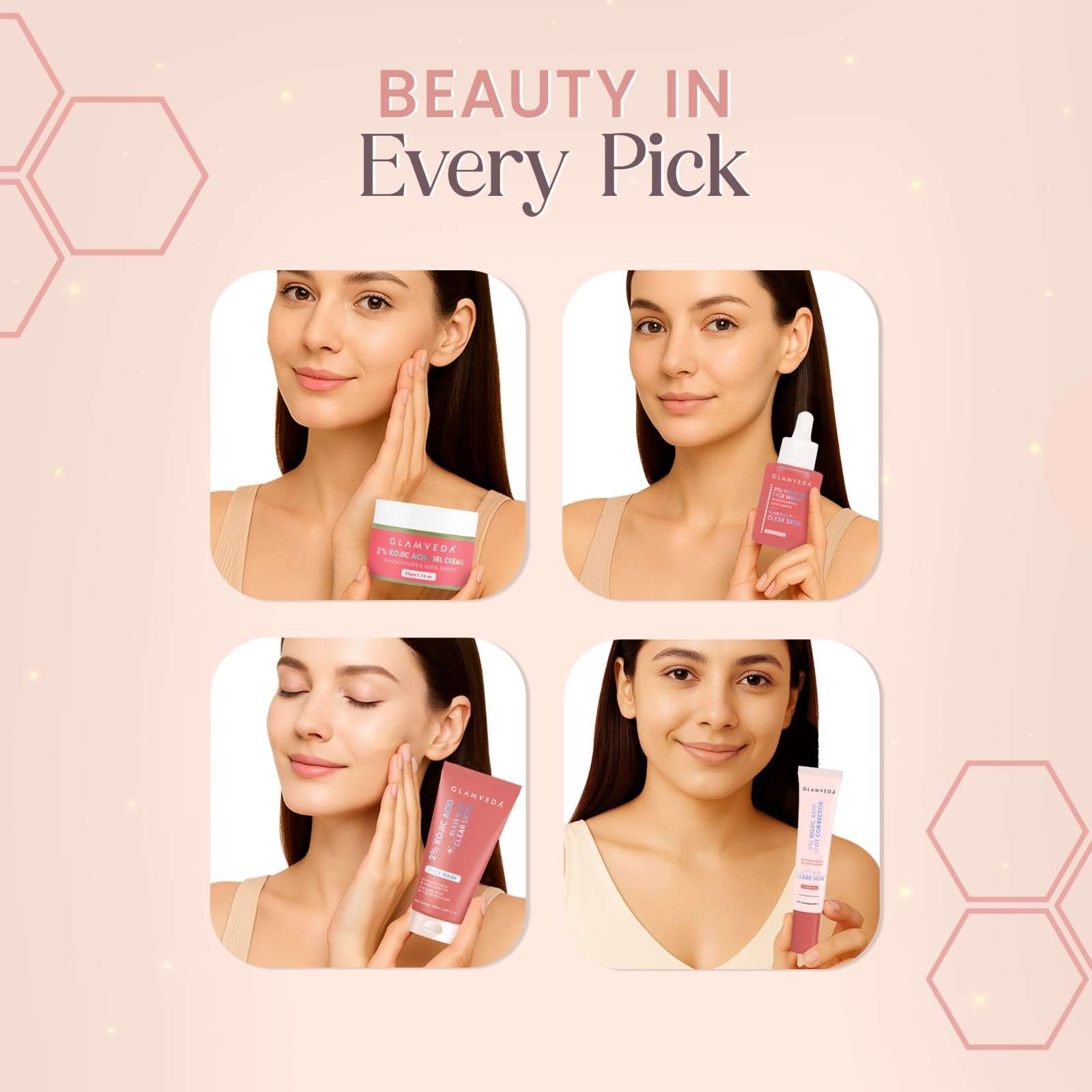 2% Kojic Acid Step 4 Skincare Set With Pouch– Facewash, Spot Corrector, Serum & Cream