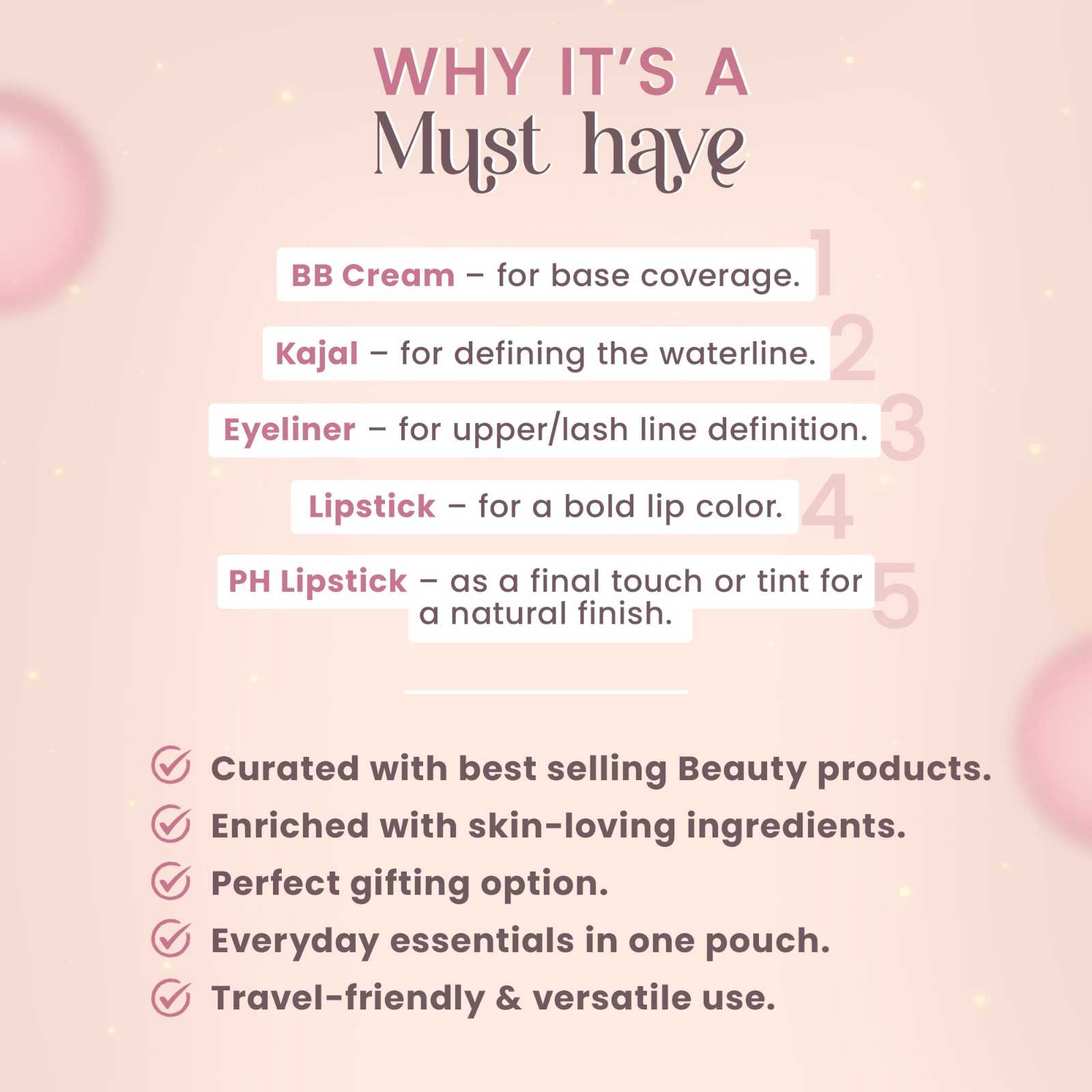 5-Products Makeup Kit – Smudge‑Proof Kajal, Gel Eyeliner, Colour‑Changing & Nude Lipsticks, BB Cream SPF 50 & Pouch