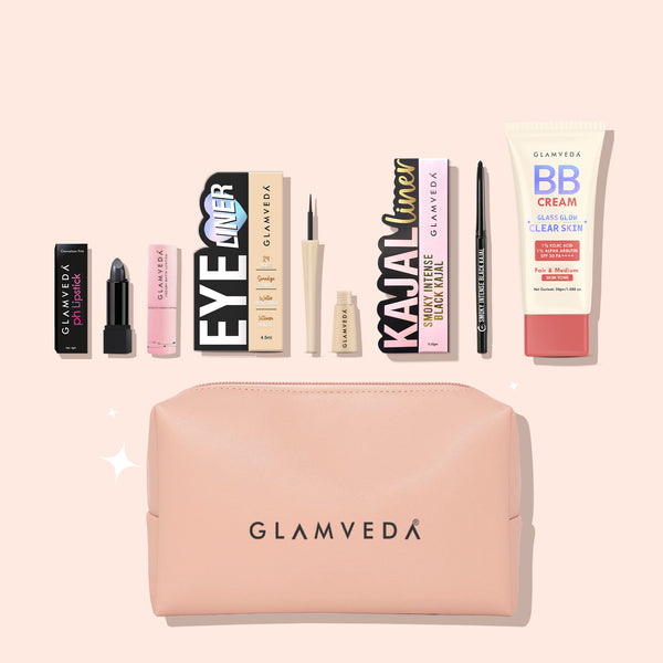 5-Products Makeup Kit – Smudge‑Proof Kajal, Gel Eyeliner, Colour‑Changing & Nude Lipsticks, BB Cream SPF 50 & Pouch