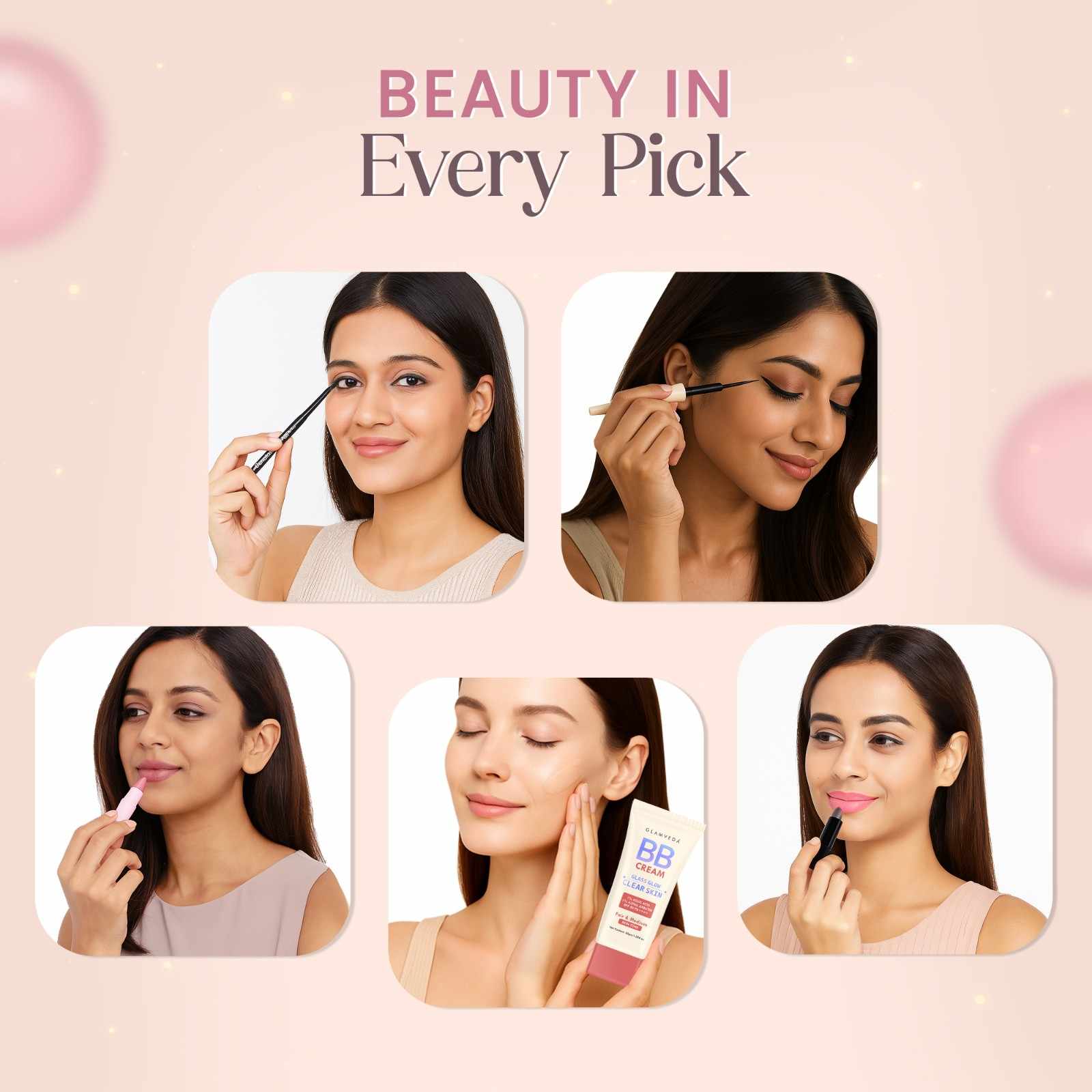 5-Products Makeup Kit – Smudge‑Proof Kajal, Gel Eyeliner, Colour‑Changing & Nude Lipsticks, BB Cream SPF 50 & Pouch