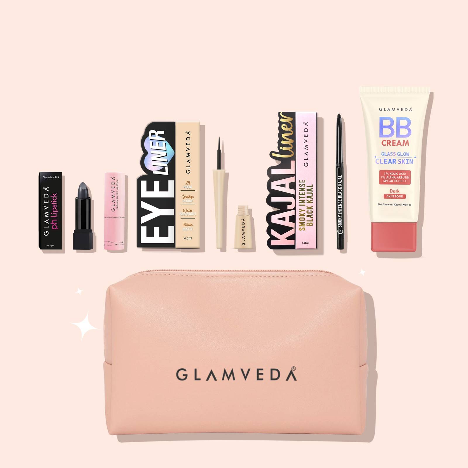 5-Products Makeup Kit – Smudge‑Proof Kajal, Gel Eyeliner, Colour‑Changing & Nude Lipsticks, BB Cream SPF 50(Dark) & Pouch