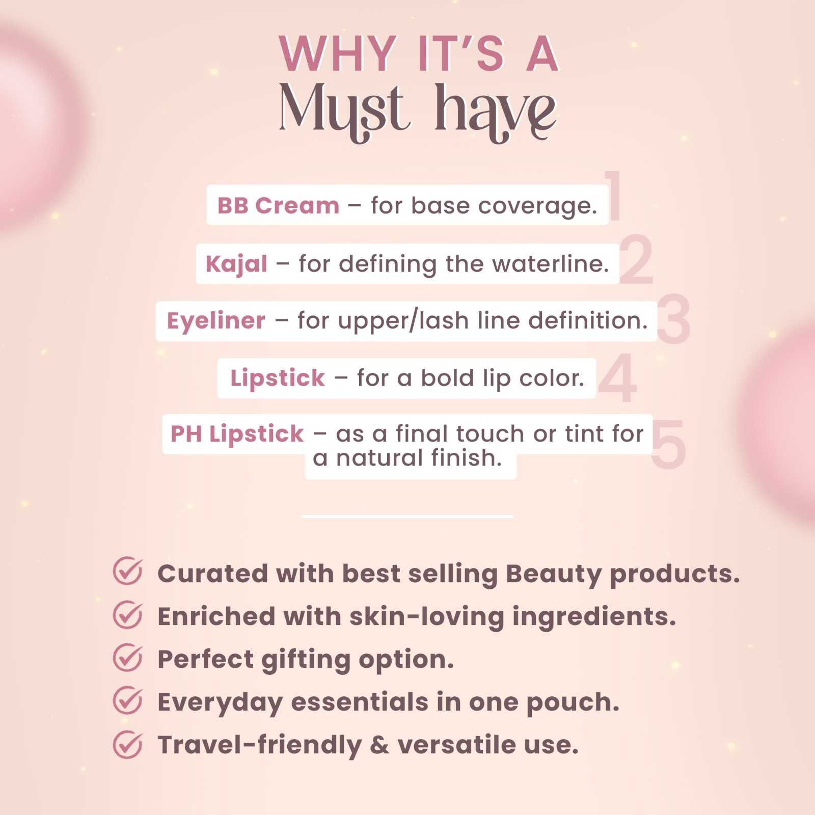 5-Products Makeup Kit – Smudge‑Proof Kajal, Gel Eyeliner, Colour‑Changing & Nude Lipsticks, BB Cream SPF 50(Dark) & Pouch