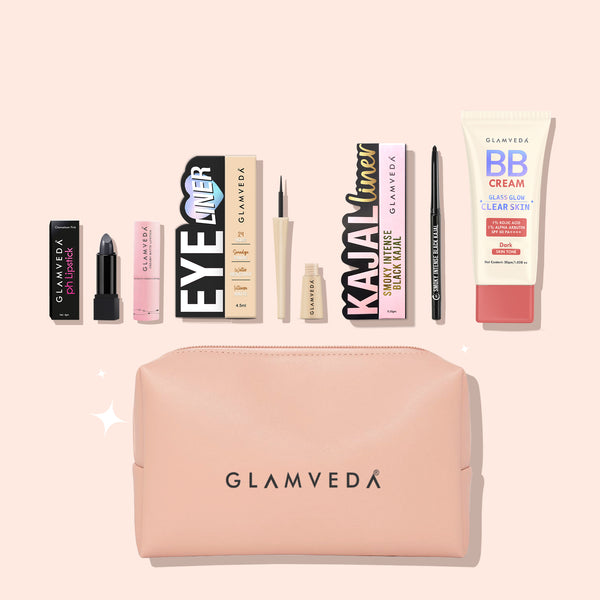 5-Products Makeup Kit – Smudge‑Proof Kajal, Gel Eyeliner, Colour‑Changing & Nude Lipsticks, BB Cream SPF 50(Dark) & Pouch
