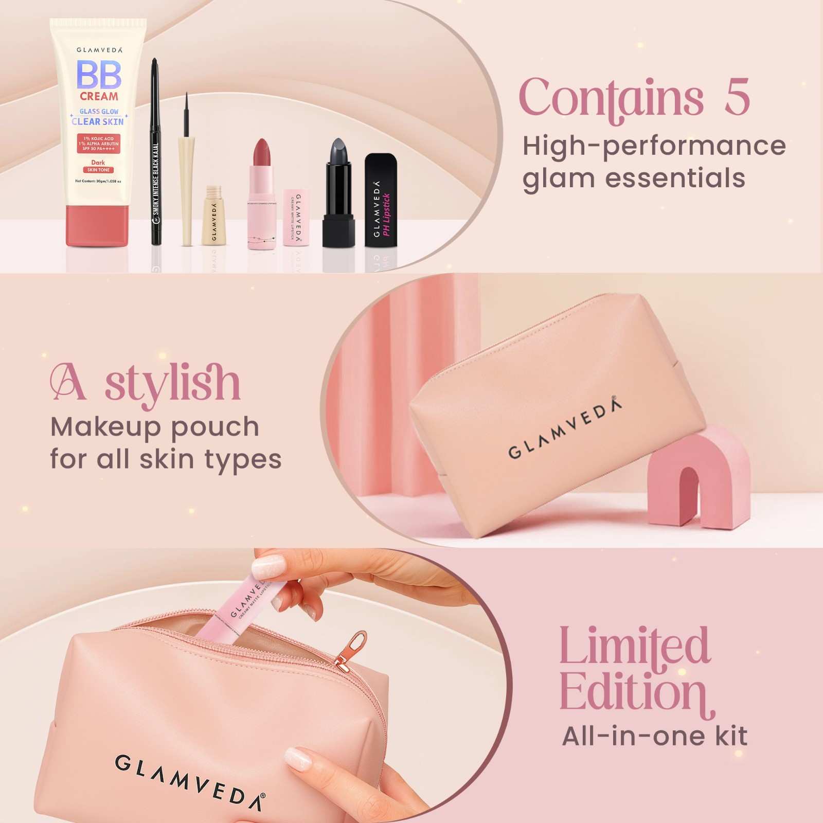 5-Products Makeup Kit – Smudge‑Proof Kajal, Gel Eyeliner, Colour‑Changing & Nude Lipsticks, BB Cream SPF 50(Dark) & Pouch