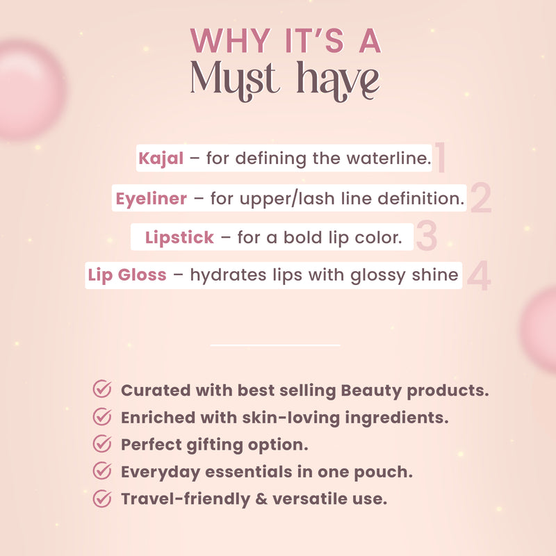 4-Products Makeup Kit- Kajal & Eyeliner (Black), Lip Gloss & Liquid Lipstick & Travel Pouch