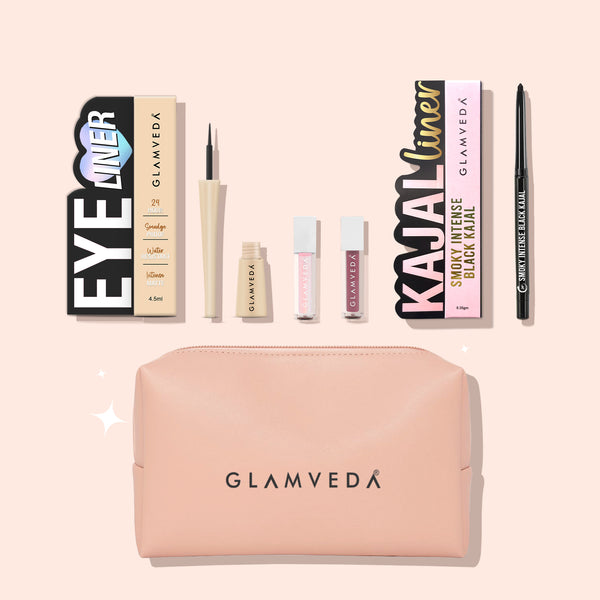 4-Products Makeup Kit- Kajal & Eyeliner (Black), Lip Gloss & Liquid Lipstick & Travel Pouch