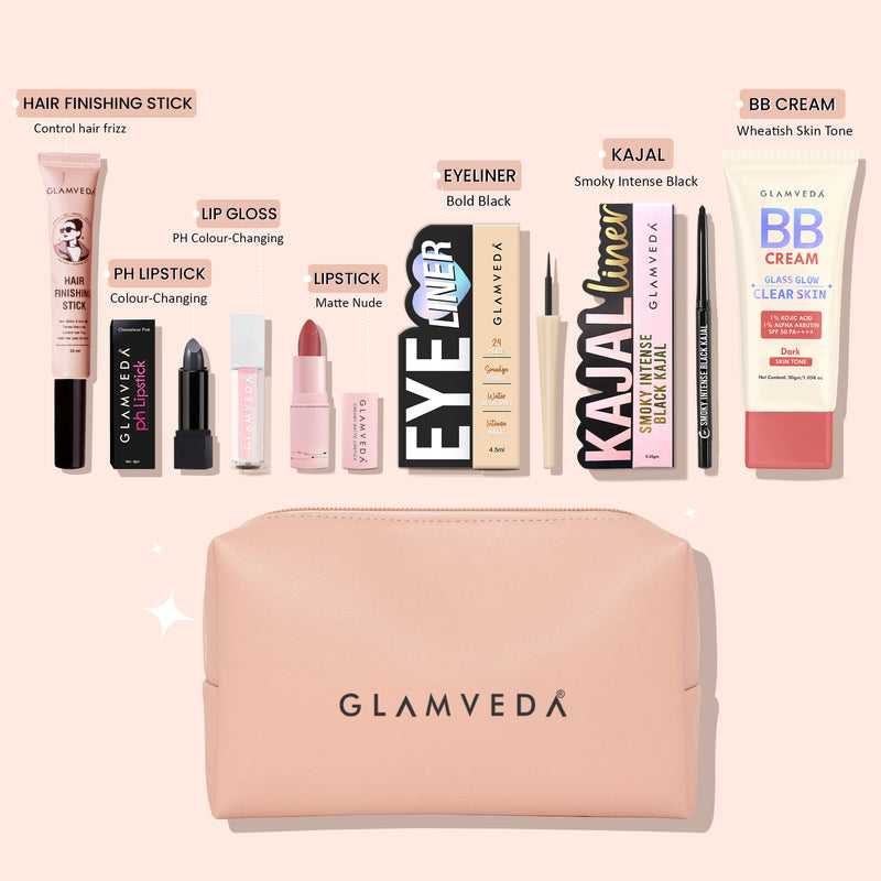 All‑in‑One Kit – Dark Edition Makeup & Hair Essentials: Kajal, Eyeliner, BB Cream, pH Lipstick, Lip Gloss, Bullet Lipstick, Hair Finishing Stick & Pouch