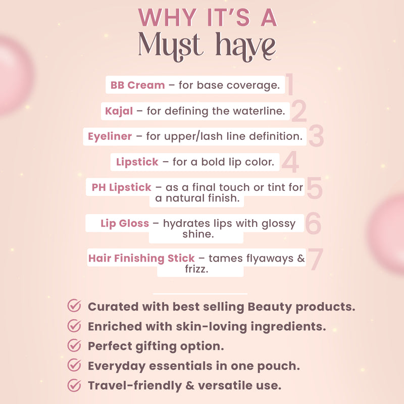 All‑in‑One Kit – Light Edition Beauty Essentials: Kajal, Eyeliner, BB Cream, pH Lipstick, Lip Gloss, Bullet Lipstick, Hair Finishing Stick & Pouch