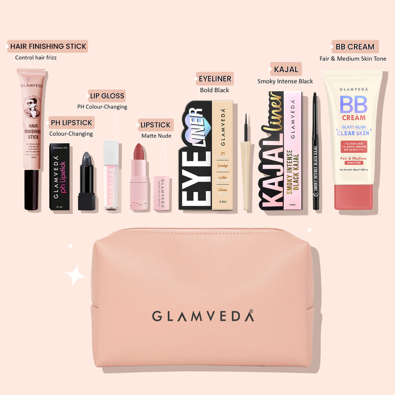 All‑in‑One Kit – Light Edition Beauty Essentials: Kajal, Eyeliner, BB Cream, pH Lipstick, Lip Gloss, Bullet Lipstick, Hair Finishing Stick & Pouch