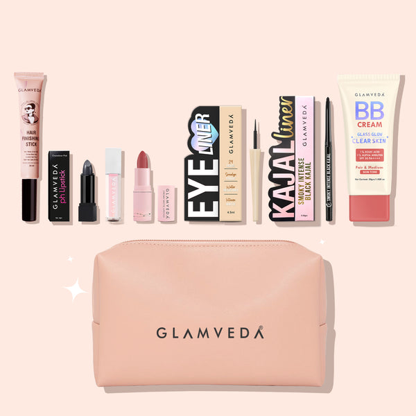 All‑in‑One Kit – Light Edition Beauty Essentials: Kajal, Eyeliner, BB Cream, pH Lipstick, Lip Gloss, Bullet Lipstick, Hair Finishing Stick & Pouch