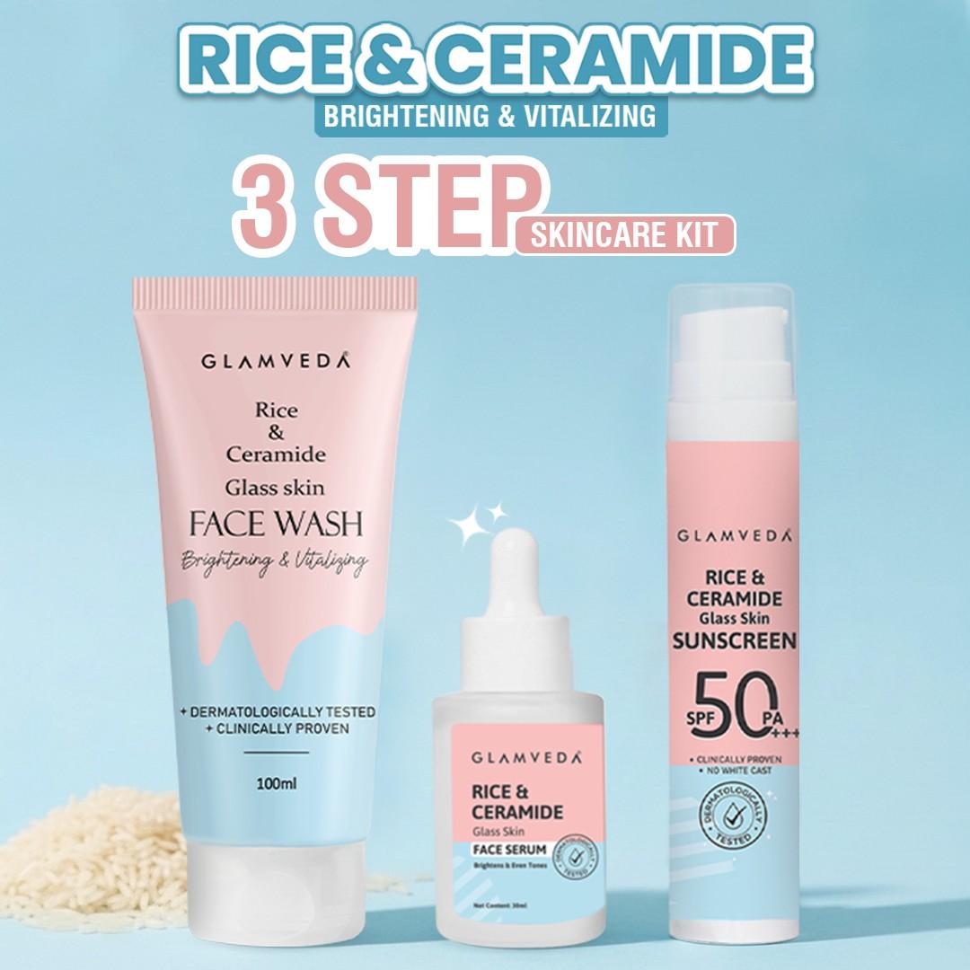 Glamveda Korean Glass Skin Rice & Ceramide 3 Step Combo | Face Wash, Serum & Sunscreen