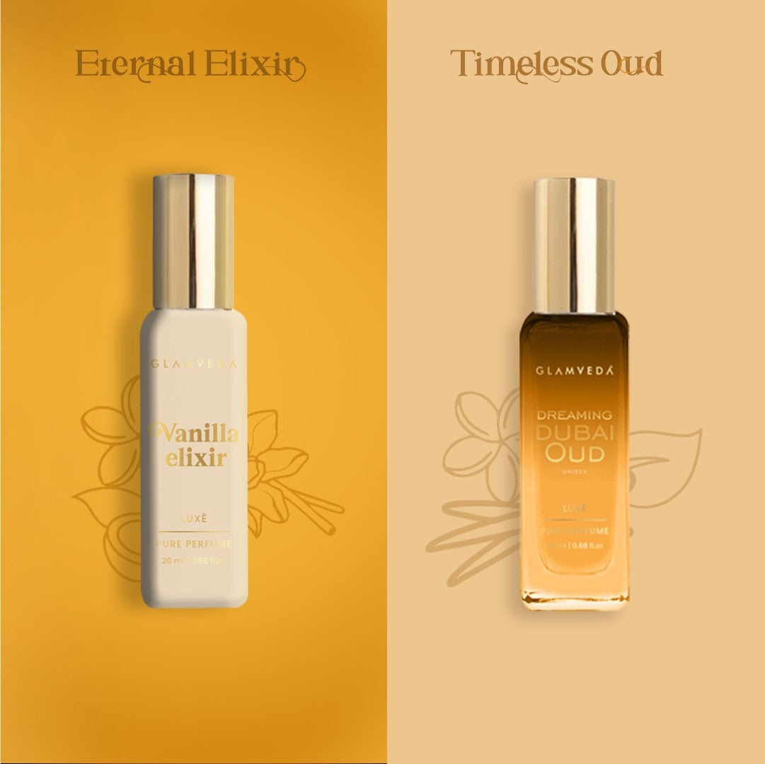Arabian Vanilla Blend  - Dreaming Dubai Oud + Vanilla Elixir Luxury Unisex Pure Perfume Gift Set 2 x 20ml