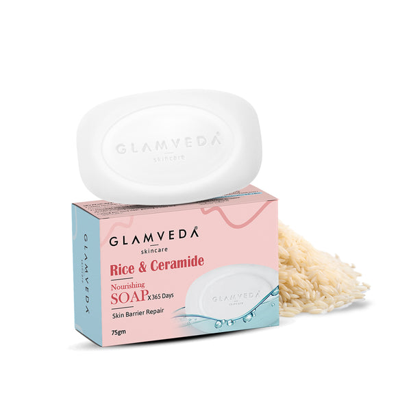 Glamveda Rice & Ceramide Skin Brightening Soap with Hyaluronic acid | Deeply Nourishes & Moisturised | 75gm