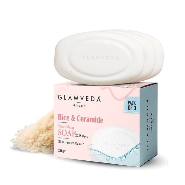 Glamveda Rice & Ceramide Skin Brightening Soap with Hyaluronic acid | Deeply Nourishes & Moisturised | Pack of 3