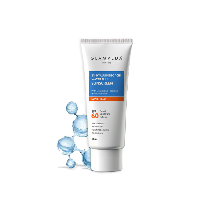 Glamveda 1% Hyaluronic Acid Sunscreen SPF 60, PA+++ | With Ceramides, Peptides & Niacinamide