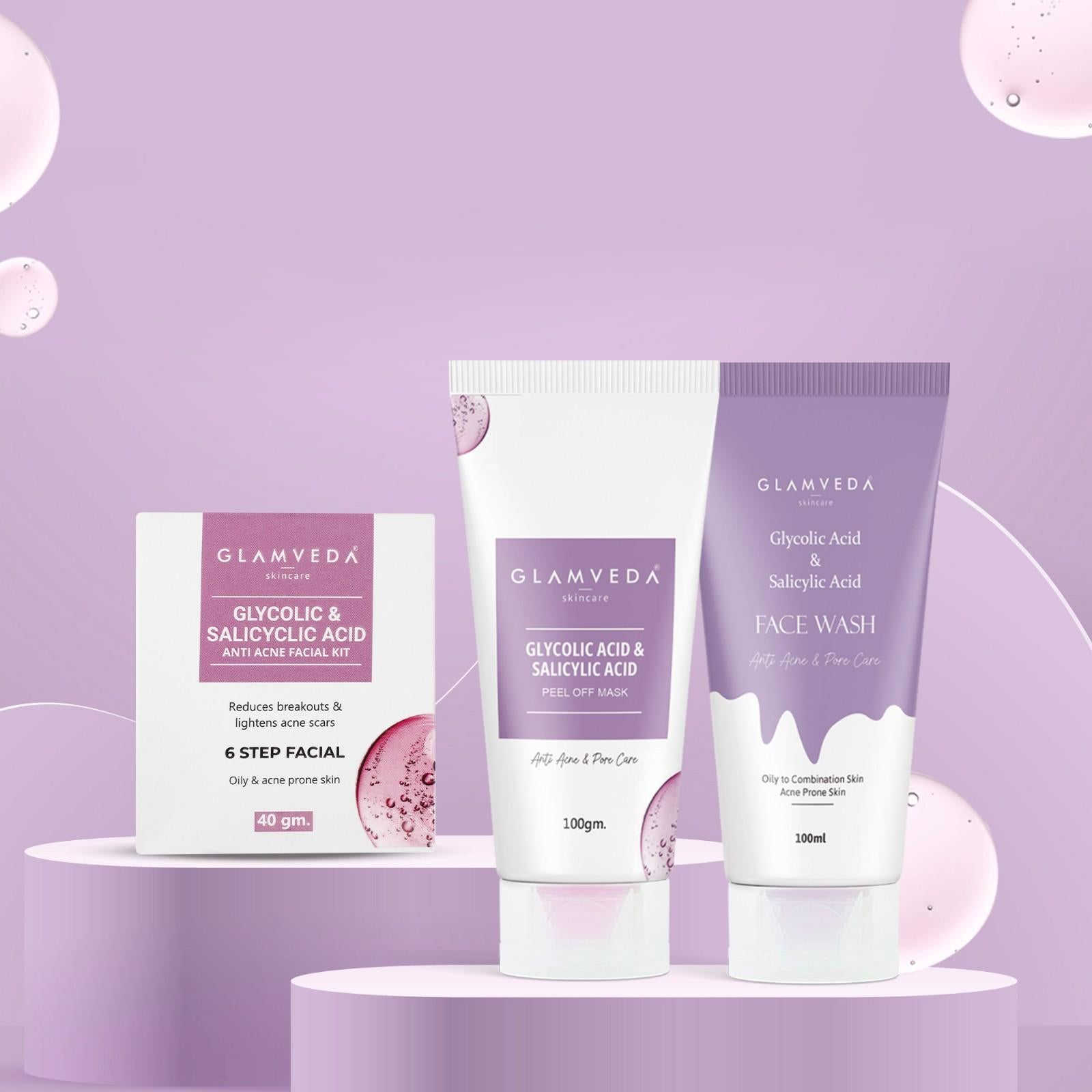 Glycolic & Salicylic Acid Anti Acne Combo Gift Pack | For Oily & Acne Prone Skin | Face Wash, Facial Kit & Peel Off Mask