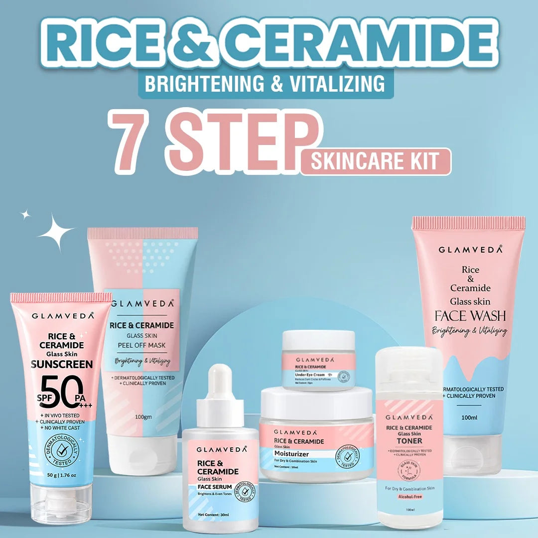 Korean Glass Skin Rice & Ceramide 7 Step Gift Box | Face wash, Peel Off Mask, Toner, Serum, Under eye cream, Moisturizer & Sunscreen