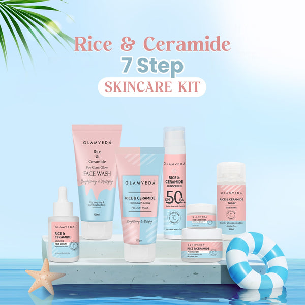 Glamveda Korean Glass Skin Rice & Ceramide 7 Step Gift Box | Face wash, Peel Off Mask, Toner, Serum, Under eye cream, Moisturizer & Sunscreen