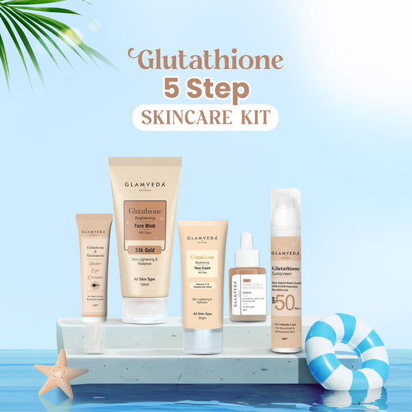Glamveda Glutathione Skin Brightening and Lightening Combo | 5-Step Skincare Set For Glowing Skin |  ( Face Wash + Face Cream + Sunscreen + Serum + Under Eye Cream )
