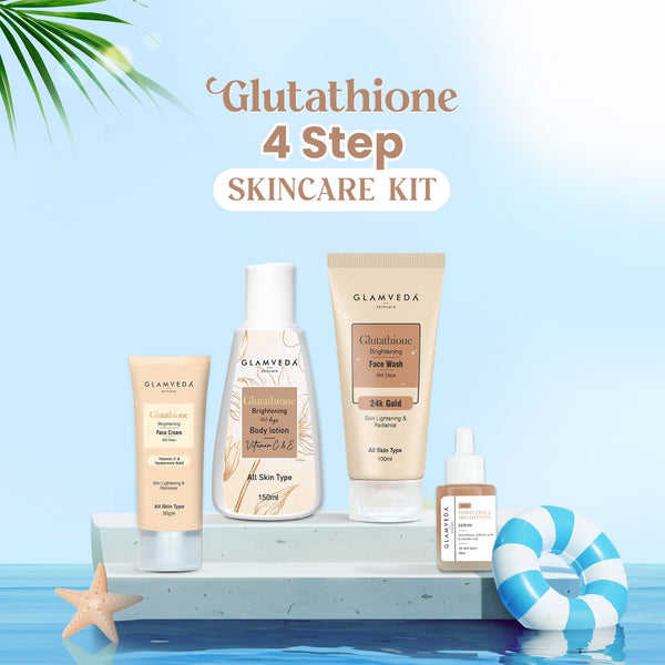 Glamveda Glutathione Skin Perfecting Brightening & Dark Spots Removal 4 Steps Skincare Routine ( Face Wash + Face Cream + Face Serum + Body Lotion )
