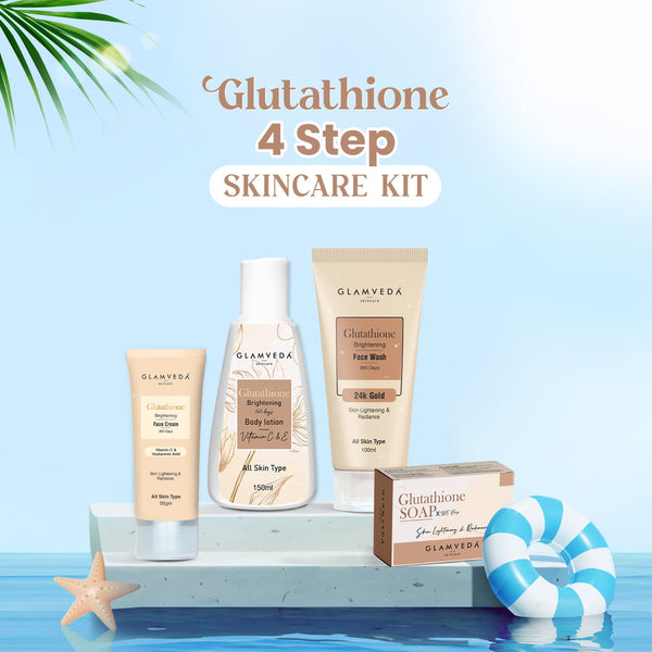 Glamveda Glutathione Bath & Body Skincare Routine Combo |  Set of 4 Kit | For Skin Brightening and Lightening | ( Face Wash + Face Cream + Body Lotion + Soap )