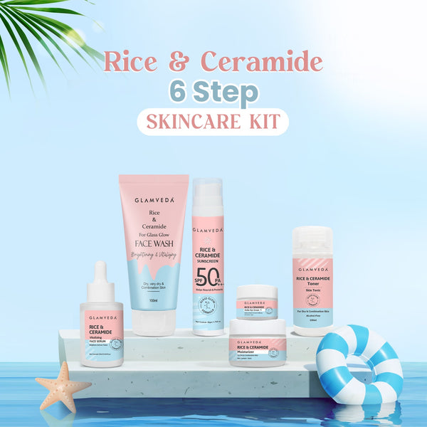 Glamveda Korean Glass Skin Rice & Ceramide 6 Step Gift Box | Face wash, Toner, Serum, Under eye cream, Moisturizer & Sunscreen