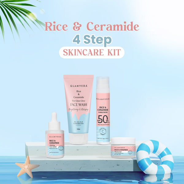 Glamveda Korean Glass Skin Rice & Ceramide Morning 4 Step Gift Box | Face Wash, Serum, Moisturizer & Sunscreen