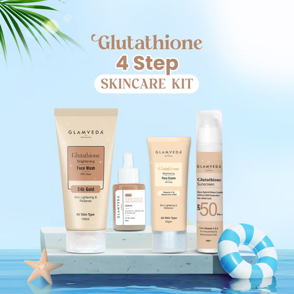 Glamveda Glutathione 4-Step Skincare Routine For Healthy & Radiant Skin | Skin Brightening and Lightening Combo ( Face Wash + Face Cream + Face Serum + Sunscreen )