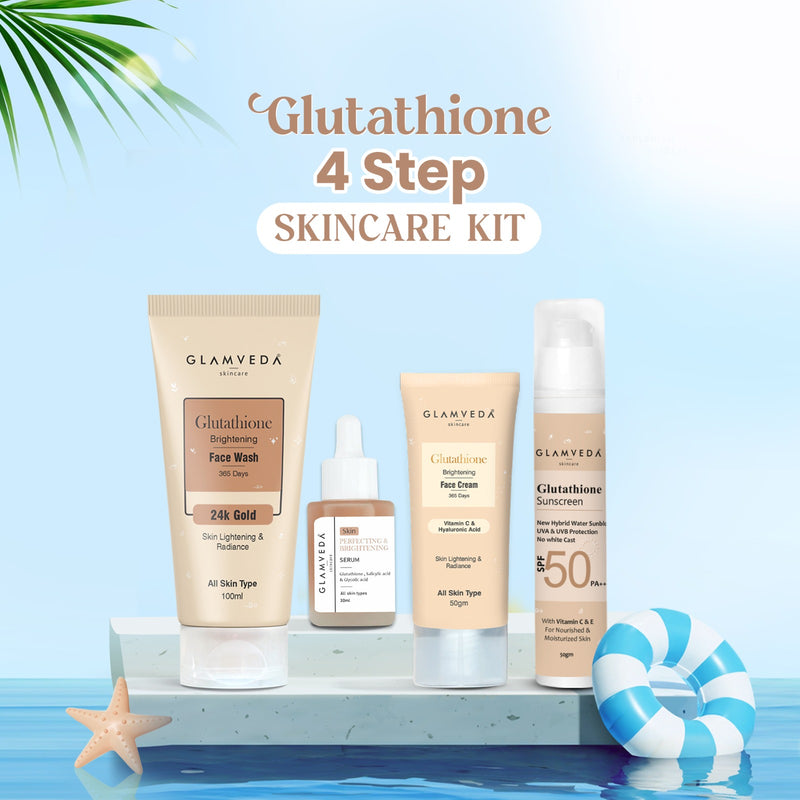 Glamveda Glutathione 4-Step Skincare Routine For Healthy & Radiant Skin | Skin Brightening and Lightening Combo ( Face Wash + Face Cream + Face Serum + Sunscreen )