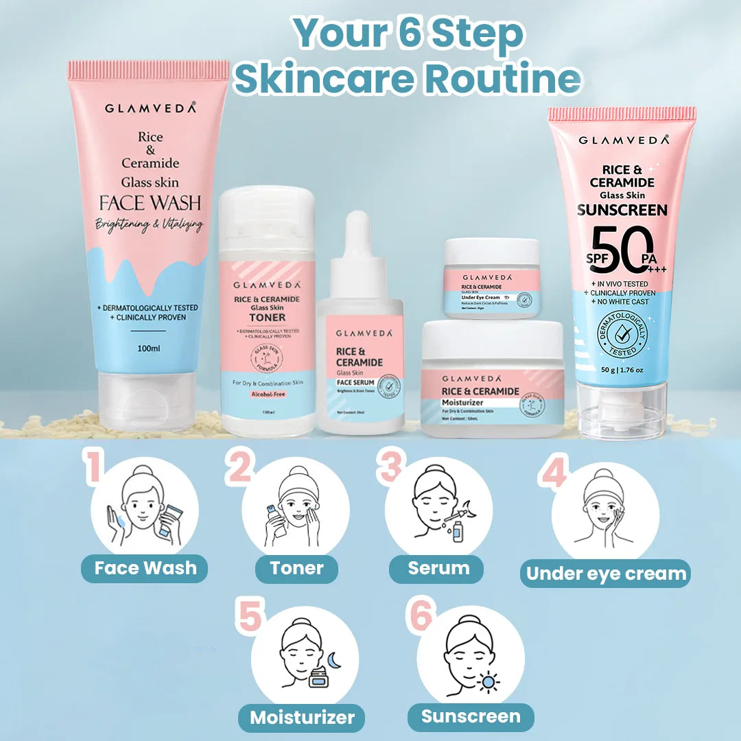 Korean Glass Skin Rice & Ceramide 6 Step Gift Box | Face wash, Toner, Serum, Under eye cream, Moisturizer & Sunscreen