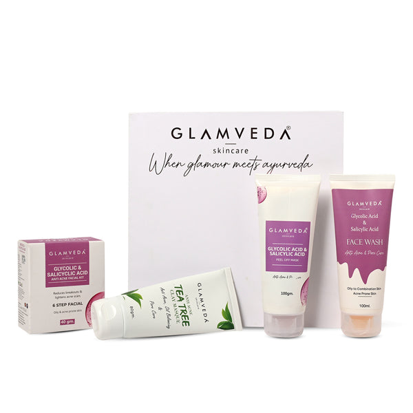 Glamveda Glycolic acid & Salicylic acid Anti-Acne Combo For Women with Gift Box | Face wash, Peel Off Mask, Facial kit & Face mask