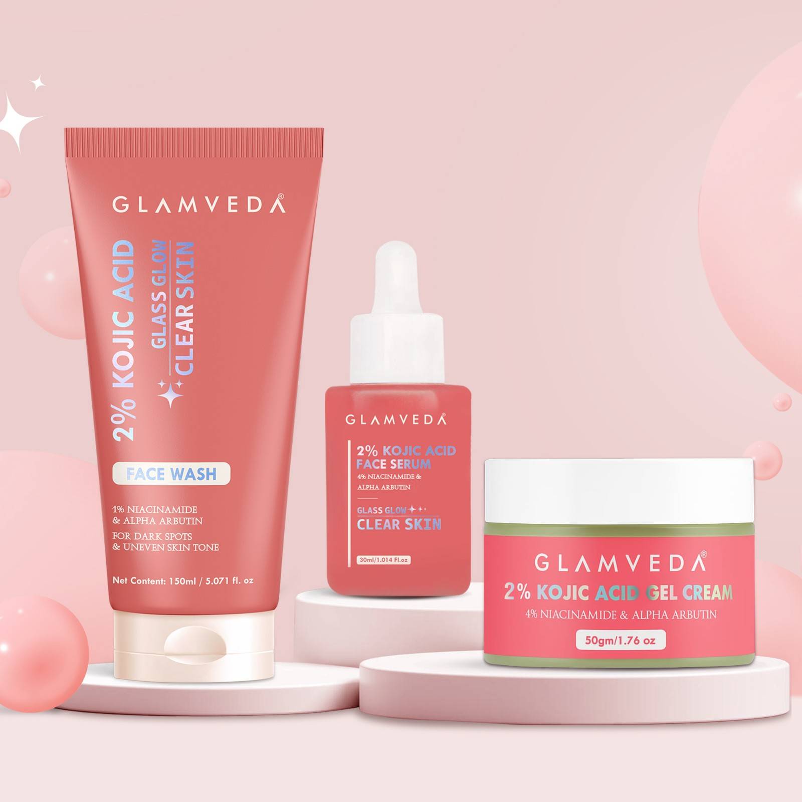 Glamveda 2% Kojic Acid Skincare Routine – Facewash, Serum & Cream for Pigmentation |Dark Spot Treatment & Skin Brightening