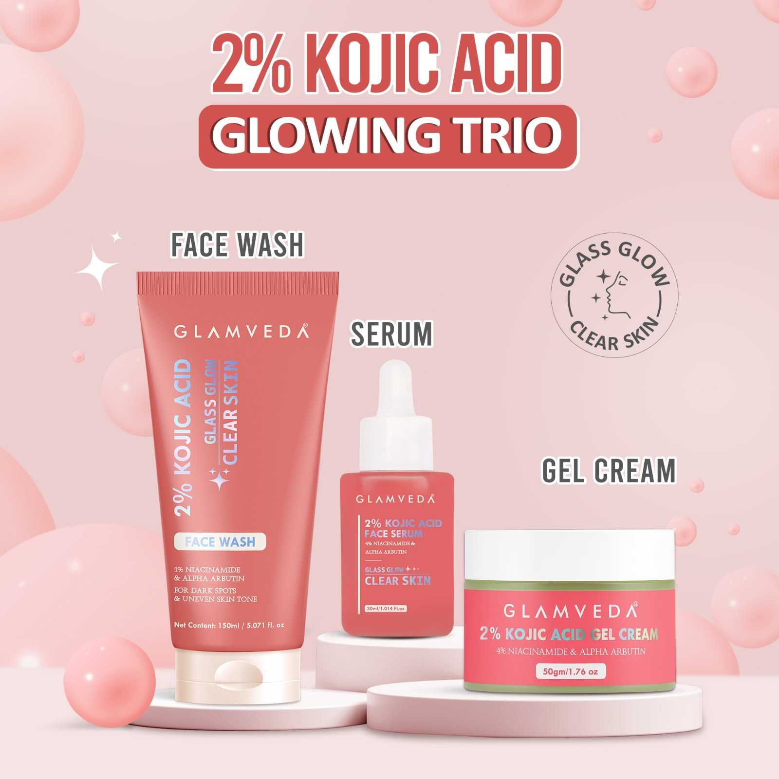 Glamveda 2% Kojic Acid Skincare Routine – Facewash, Serum & Cream for Pigmentation |Dark Spot Treatment & Skin Brightening