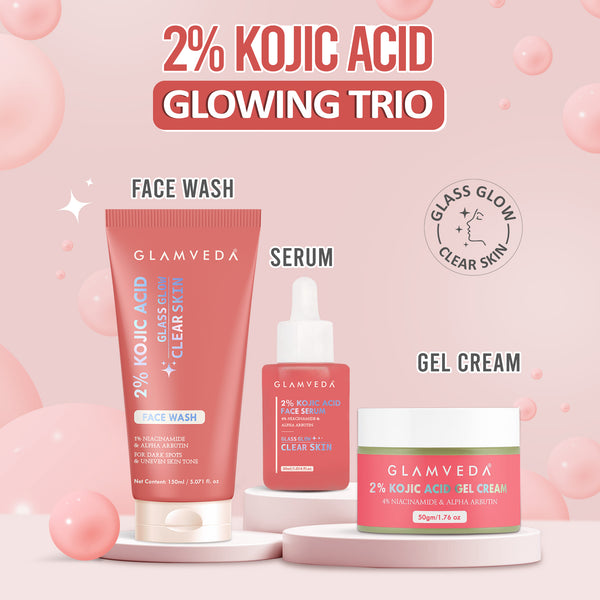 Glamveda 2% Kojic Acid Skincare Routine – Facewash, Serum & Cream for Pigmentation |Dark Spot Treatment & Skin Brightening