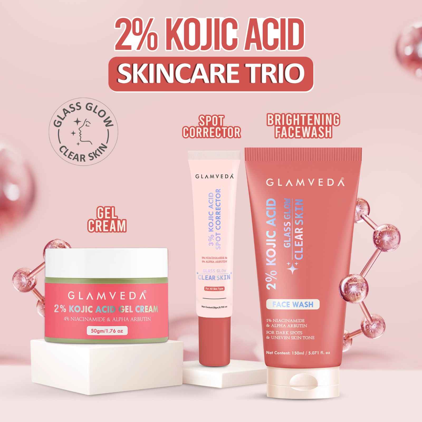 Glamveda 2% Kojic Acid Skincare Trio – Facewash, Spot Corrector & Cream for Dark Spot Removal, Pigmentation, Acne Marks & Uneven Tone