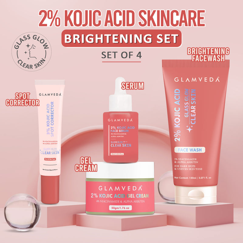 Glamveda 2% Kojic Acid 4-Step Skincare Set – Face Wash, Spot Corrector, Serum & Cream | Targets Dark Spots & Pigmentation | Brightens & Evens Skin Tone
