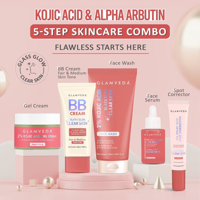 Glamveda 2% Kojic Acid 5-Step Skincare Routine Combo | Brightens Skin, Reduces Dark Spots, Evens Tone & Provides Lightweight Coverage | Face Wash, Spot Corrector, Serum, Cream & BB Cream For Fair Skin Tone