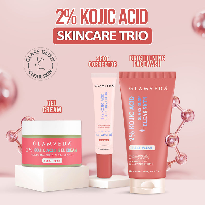 Glamveda 2% Kojic Acid Skincare Trio – Facewash, Spot Corrector & Cream for Dark Spot Removal, Pigmentation, Acne Marks & Uneven Tone