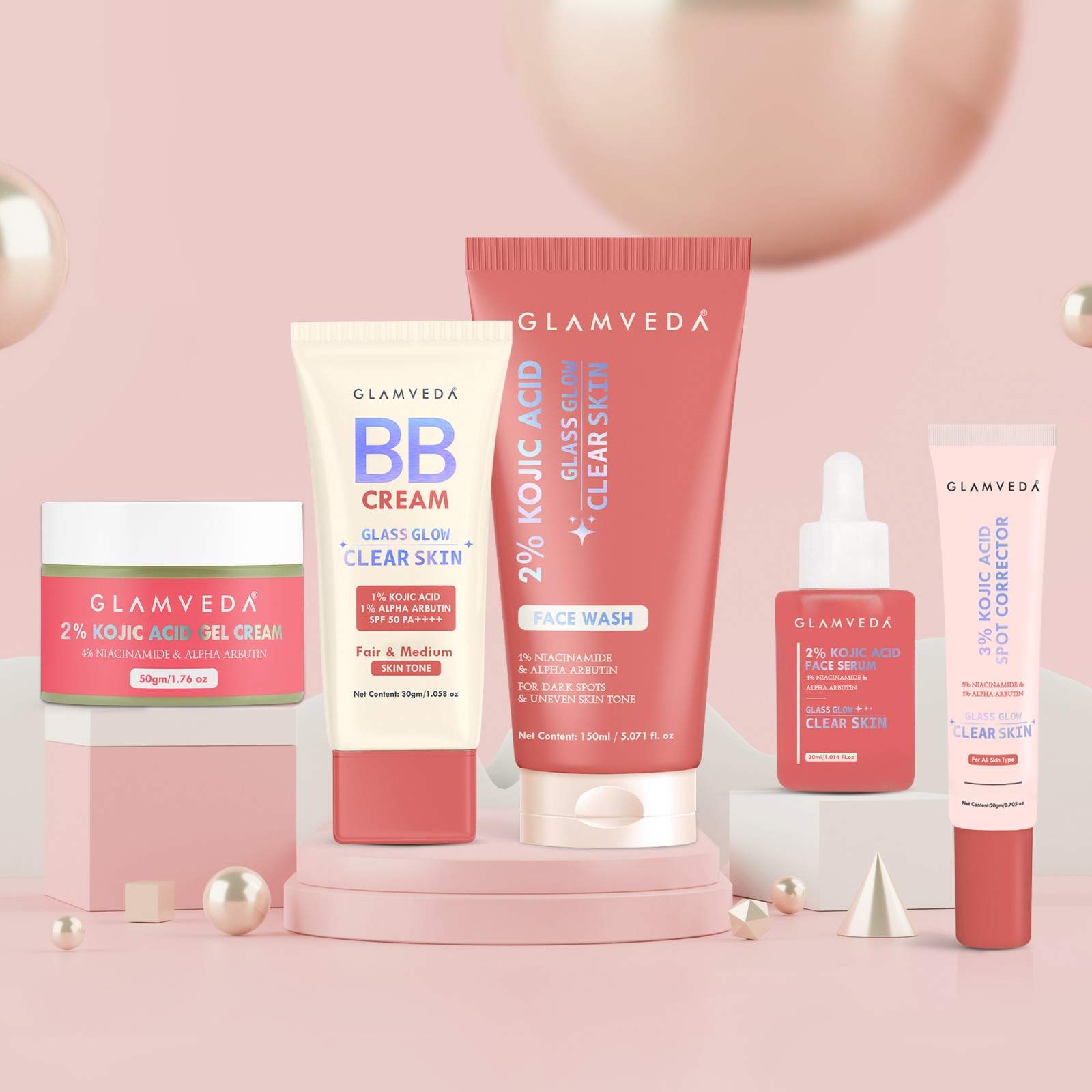 Glamveda 2% Kojic Acid 5-Step Skincare Routine Combo | Brightens Skin, Reduces Dark Spots, Evens Tone & Provides Lightweight Coverage | Face Wash, Spot Corrector, Serum, Cream & BB Cream For Fair Skin Tone