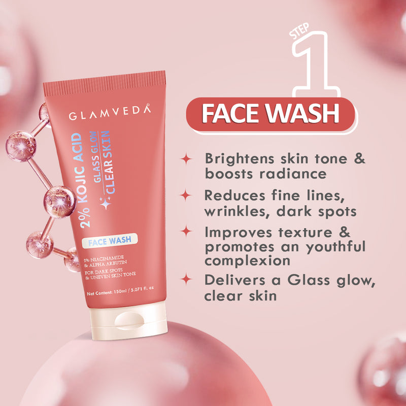 Glamveda 2% Kojic Acid Skincare Trio – Facewash, Spot Corrector & Cream for Dark Spot Removal, Pigmentation, Acne Marks & Uneven Tone