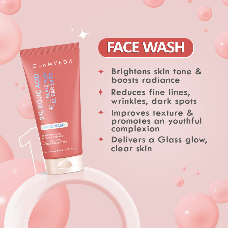 Glamveda 2% Kojic Acid Skincare Routine – Facewash, Serum & Cream for Pigmentation |Dark Spot Treatment & Skin Brightening
