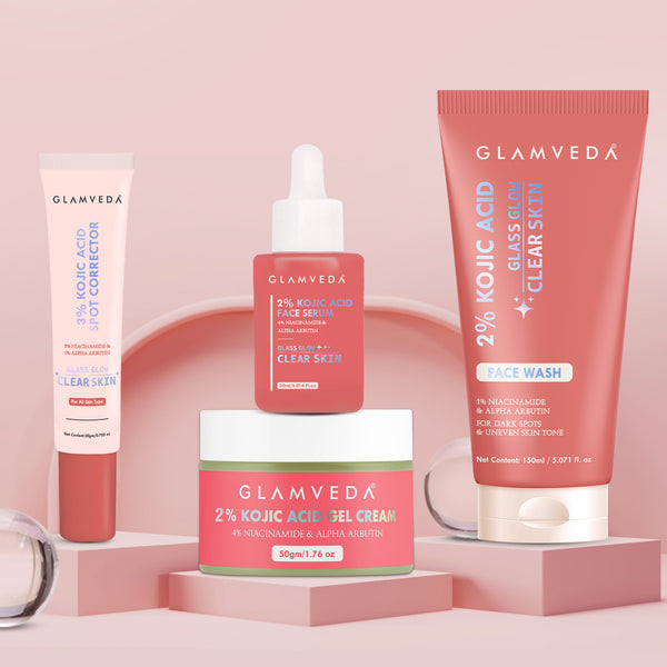 Glamveda 2% Kojic Acid 4-Step Skincare Set – Face Wash, Spot Corrector, Serum & Cream | Targets Dark Spots & Pigmentation | Brightens & Evens Skin Tone