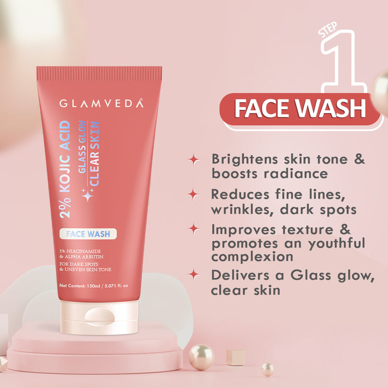 Glamveda 2% Kojic Acid 5-Step Skincare Routine Combo | Brightens Skin, Reduces Dark Spots, Evens Tone & Provides Lightweight Coverage | Face Wash, Spot Corrector, Serum, Cream & BB Cream For Fair Skin Tone