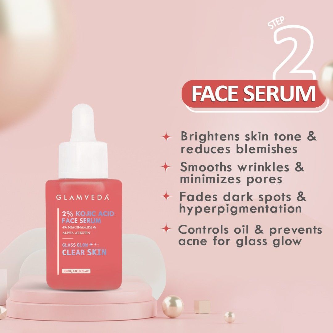 Glamveda 2% Kojic Acid 5-Step Skincare Routine Combo | Brightens Skin, Reduces Dark Spots, Evens Tone & Provides Lightweight Coverage | Face Wash, Spot Corrector, Serum, Cream & BB Cream For Fair Skin Tone