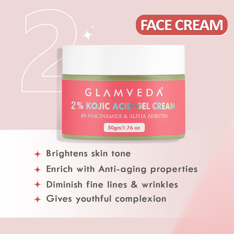 Glamveda 2% Kojic Acid Face Care Set – Brightening Face Wash & Cream Duo | Fades Dark Spots | Evens Skin Tone | Fights Acne & Boosts Radiance