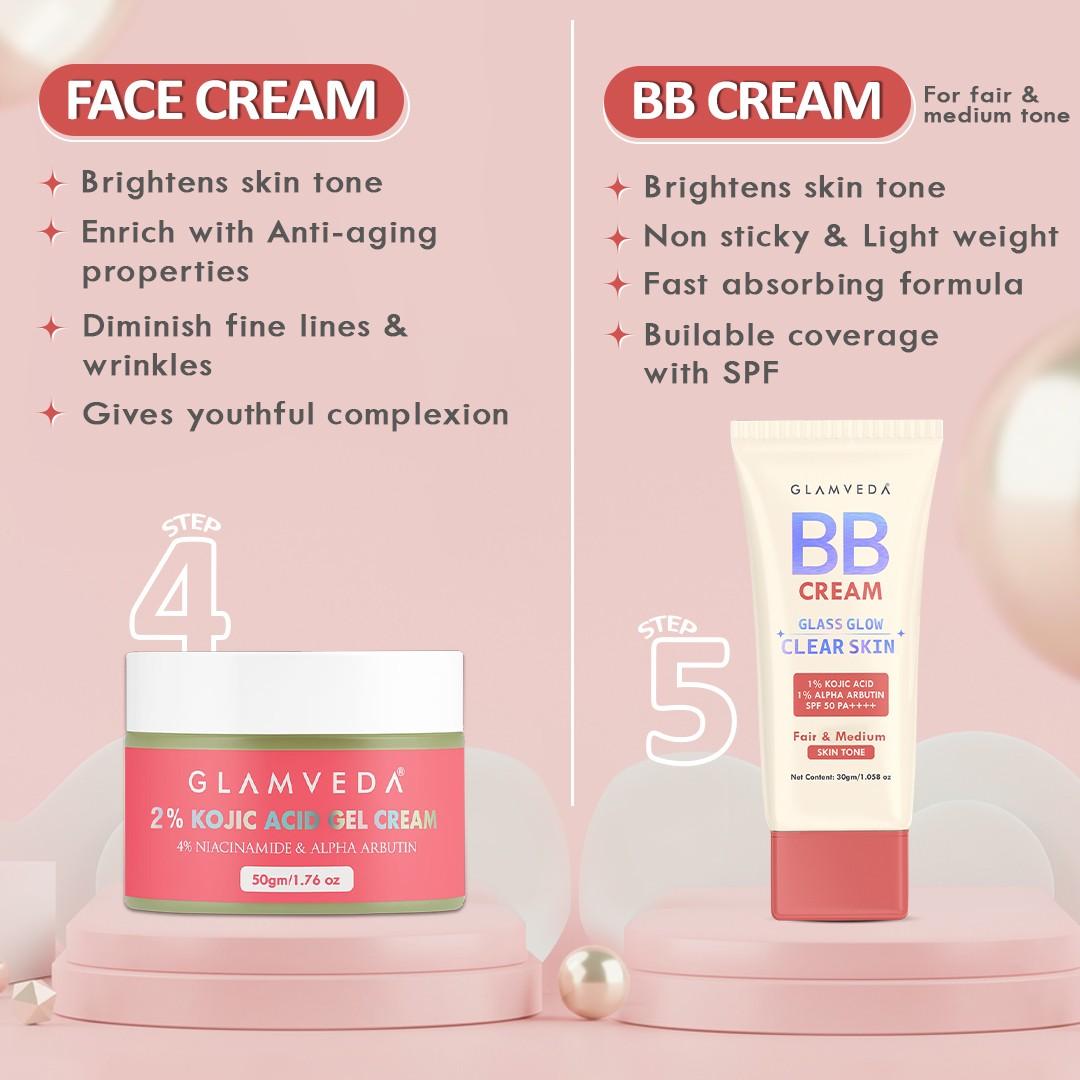 Glamveda 2% Kojic Acid 5-Step Skincare Routine Combo | Brightens Skin, Reduces Dark Spots, Evens Tone & Provides Lightweight Coverage | Face Wash, Spot Corrector, Serum, Cream & BB Cream For Fair Skin Tone